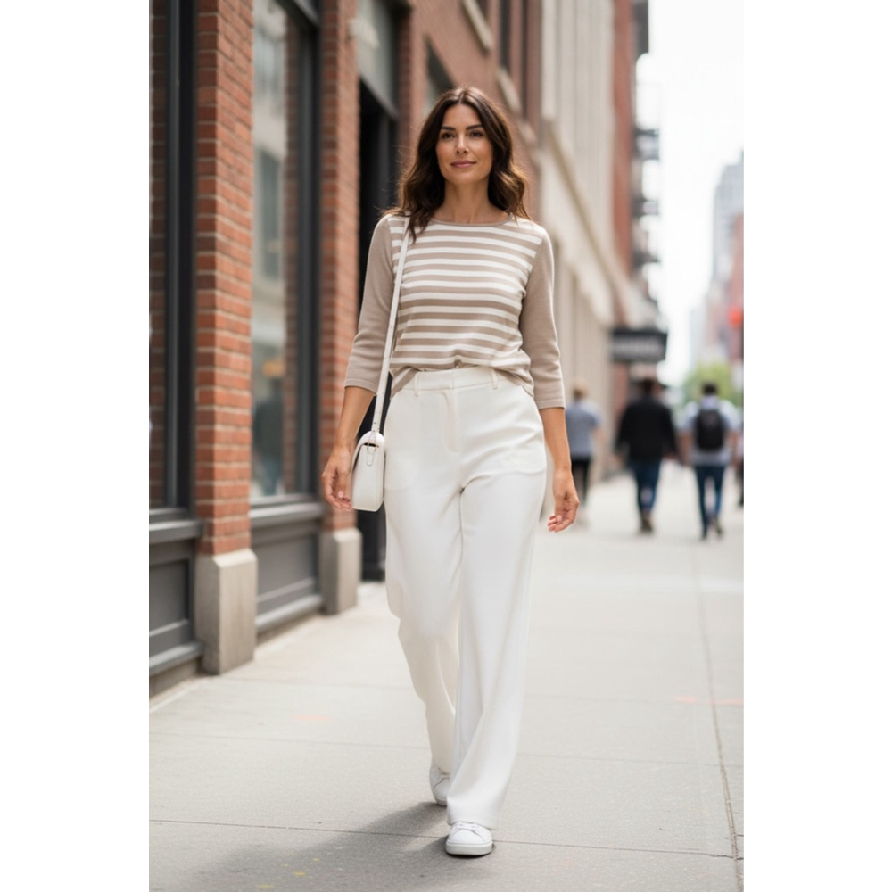ST. JOHN SPORT Petite Long Sleeve Tee XSP Beige White Striped